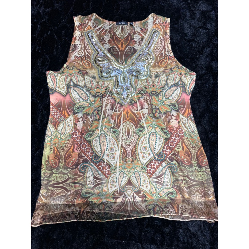 Vintage Apt. 9 Womens XL Paisley Sequin Embellished Sleeveless V-Neck Mesh Top